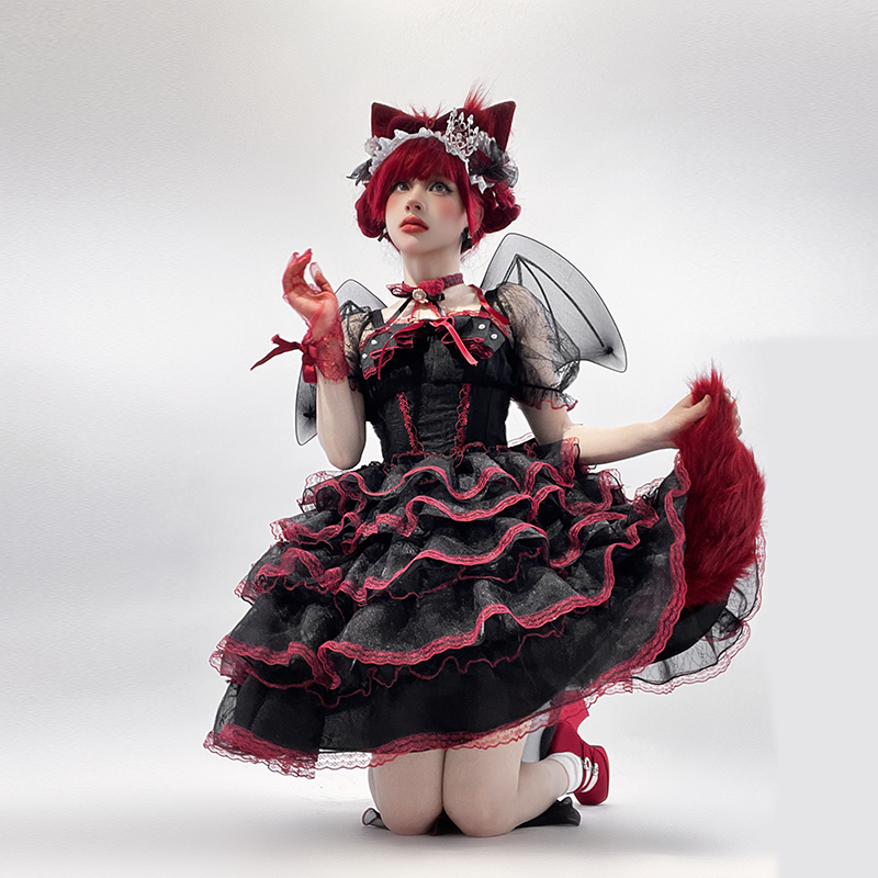 Daydream Whisper~Shisan District~Wedding Lolita OP Suit with Angel Demon Wings Red-black short OP only S