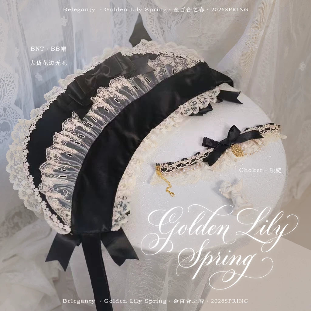 Spring of Golden Lily - Satin Classic Lolita Lily Print Dress, Front Opening 45507:852439