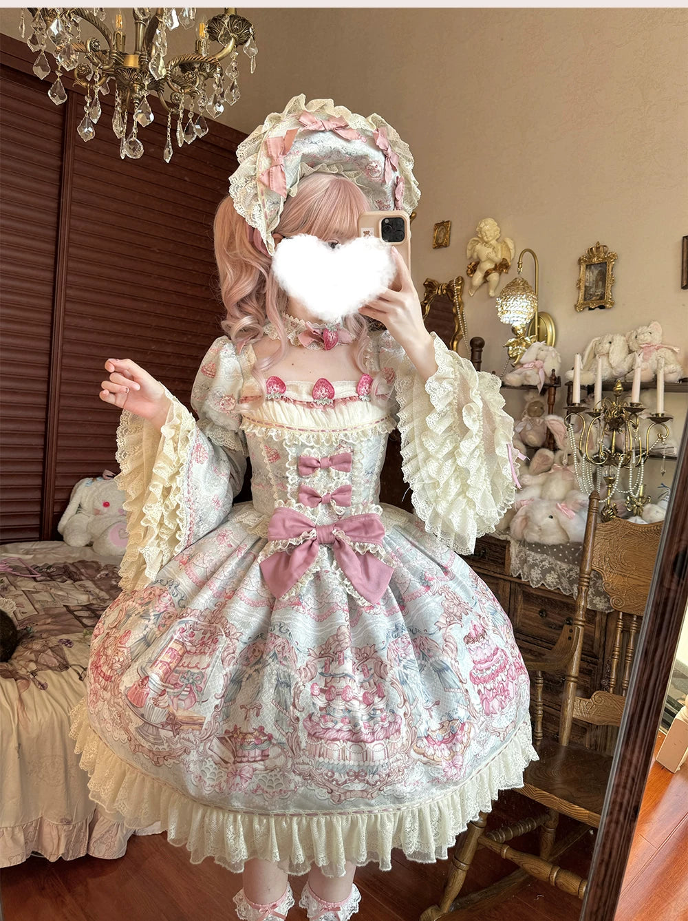 Victorian Cake - Classic Lolita OP Dress, Strawberry Cake Print