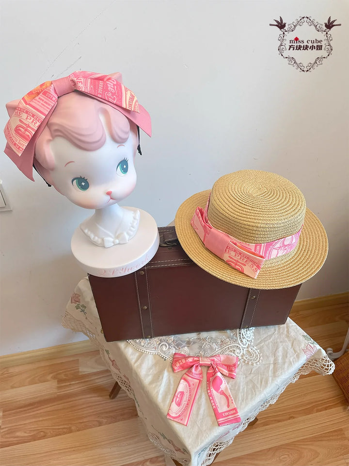 Miss Cube - Antique Label - Retro Lolita KC Straw Hat Bow Tie