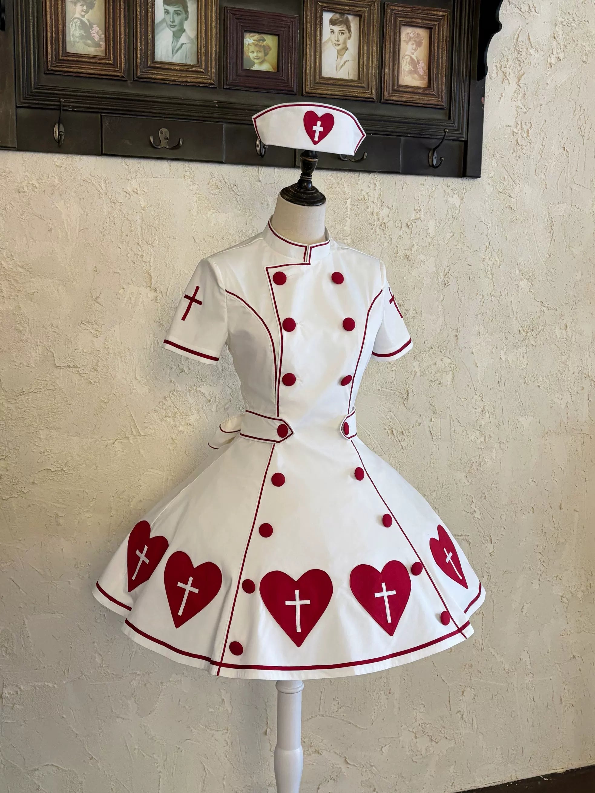 Sweet Heart Hospital - Old School Lolita Stand Collar OP Dress, Heart-cross Patches