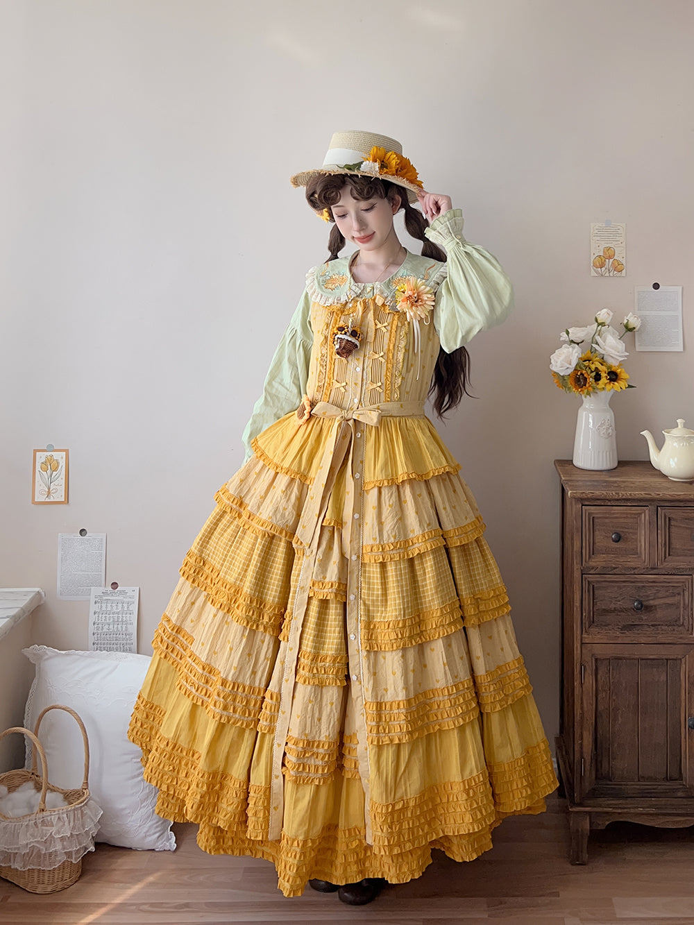 Miss Point~Garden Sunflower~Country Lolita JSK Five-Tiered Open Front Dress 42509:742542