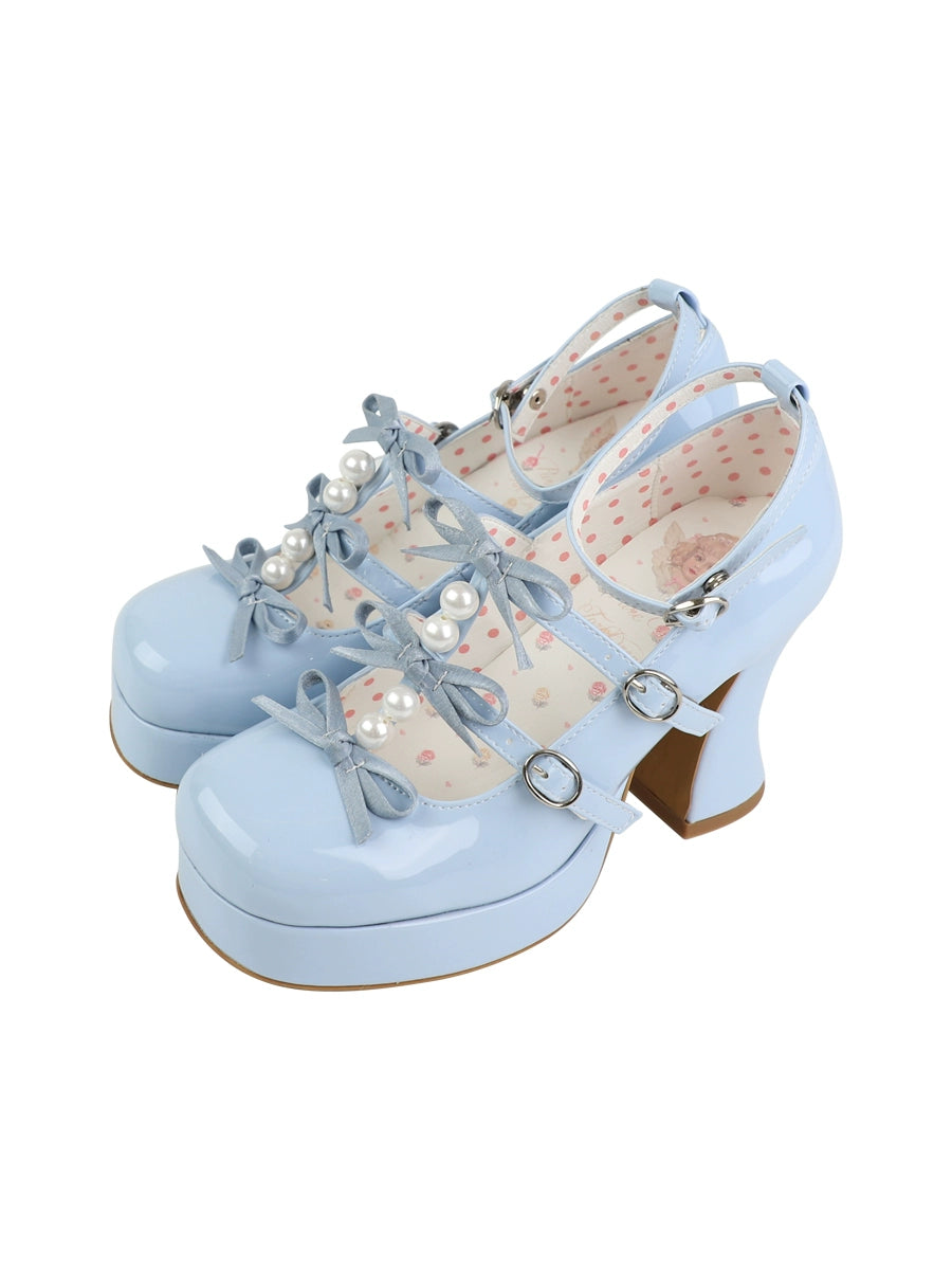 Pure Tea For Dream~Sweet Lolita Platform Pearl Bow Shoes 34 baby blue (34 35 36 37 38 39 40 41) 16296:217806