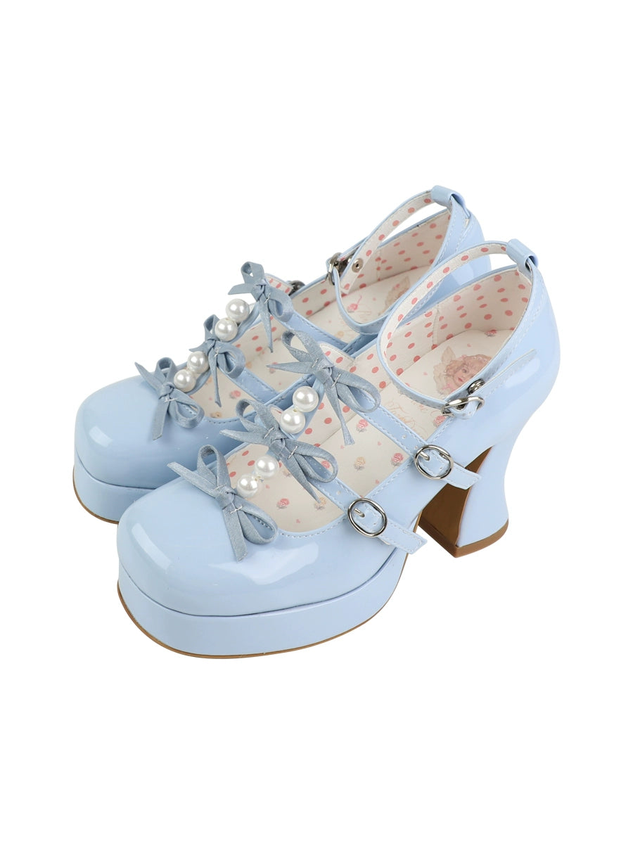 Pure Tea For Dream~Sweet Lolita Platform Pearl Bow Shoes 34 baby blue 