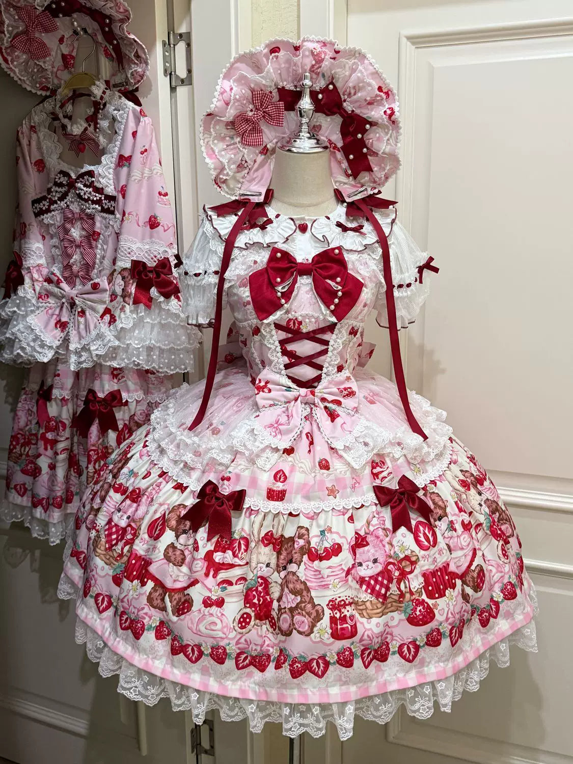 SweetBerry Bunny Bear - Sweet Lolita Tiered Lace JSK Dress, Strawberry and Bear Print Pink - JSK Only S