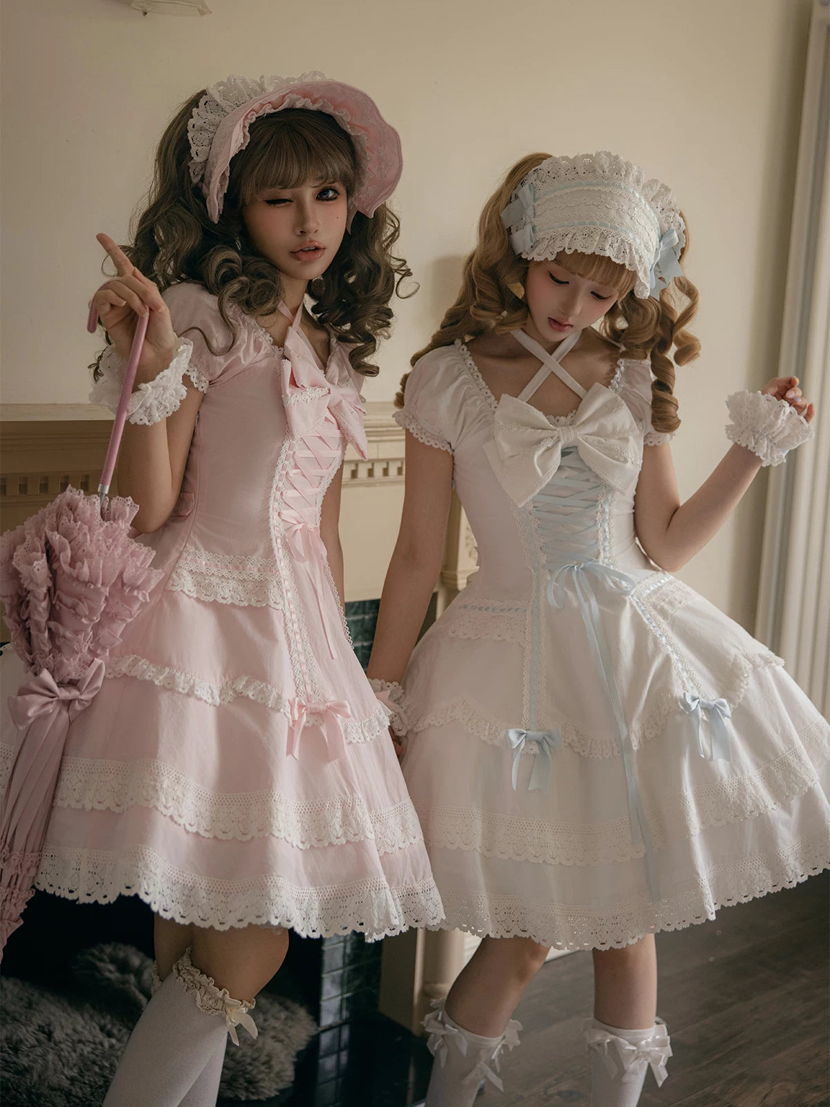 Showa Sweetheart - Old School Lolita OP Dress, Ruffled Lace Hem 45887:866780