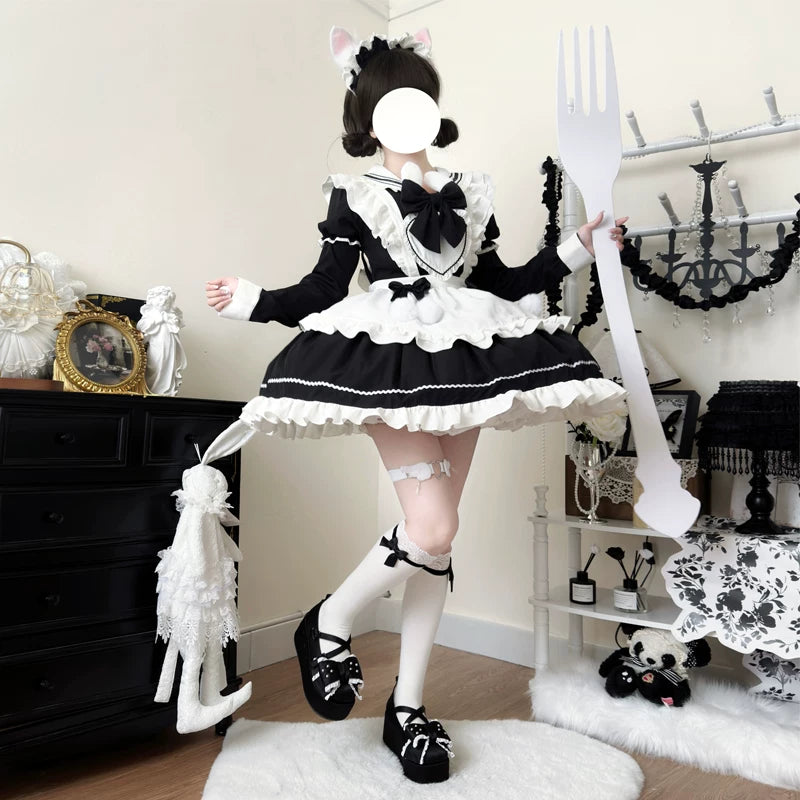 Sweet Bunny Pom-pom - Maid Lolita Bunny Ear Collar OP Dress, Detachable Apron
