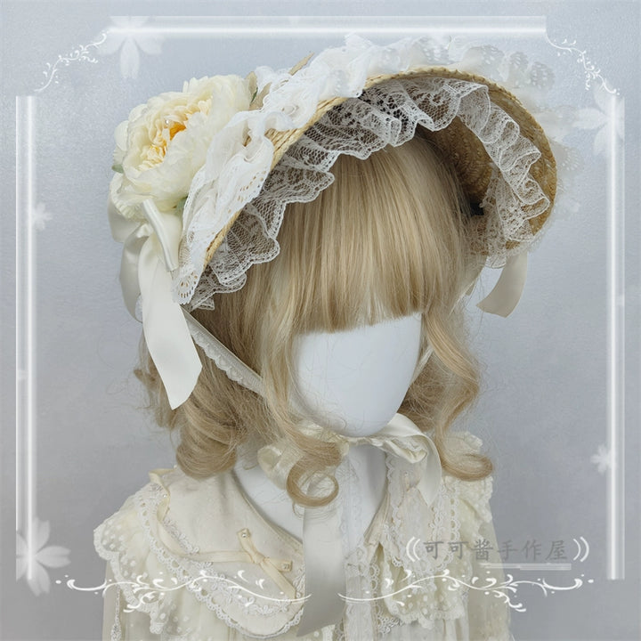 Cocoa Jam~Country Lolita Bonnet Lace Flower Flat Cap Multicolors Customized 36112:524674