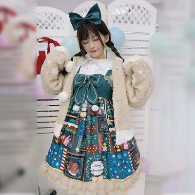 Sakurahime~Jingle Bell~New Year Sweet Lolita Christmas Print JSK S green JSK 