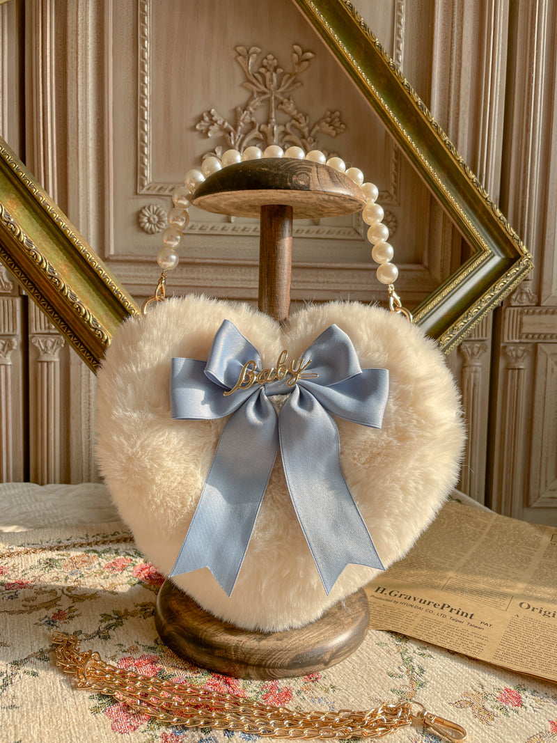 MAID~Kawaii Lolita Heart Bag Plush Pearl Chain Handbag Grayish Blue  