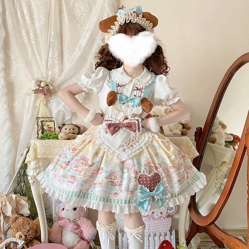 YingLuoFu~Sweet Pet Paradise~Kawaii Lolita Salopette Dress Pet Print Free Size Salopette (including apron) 