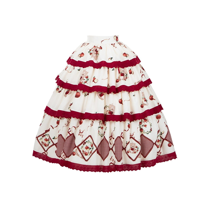 With PUJI - Apple Orchard - Country Lolita SK Embroidered Twins Lolita Top Skirt Red Long Skirt only L