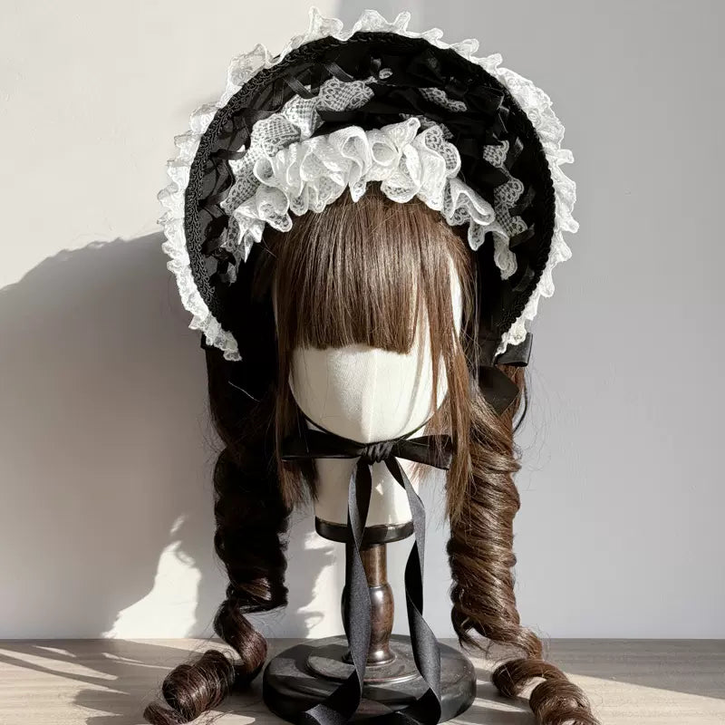 MAID~Gothic Lolita Lace Bonnet Wide Brim Bow BNT Headwear   