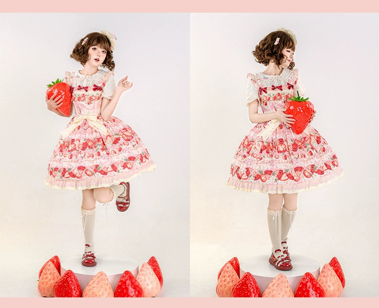 Strawberry Fantasia~Sweet Lolita OP Dress Set Puffy Skirt Long JSK and Shirt