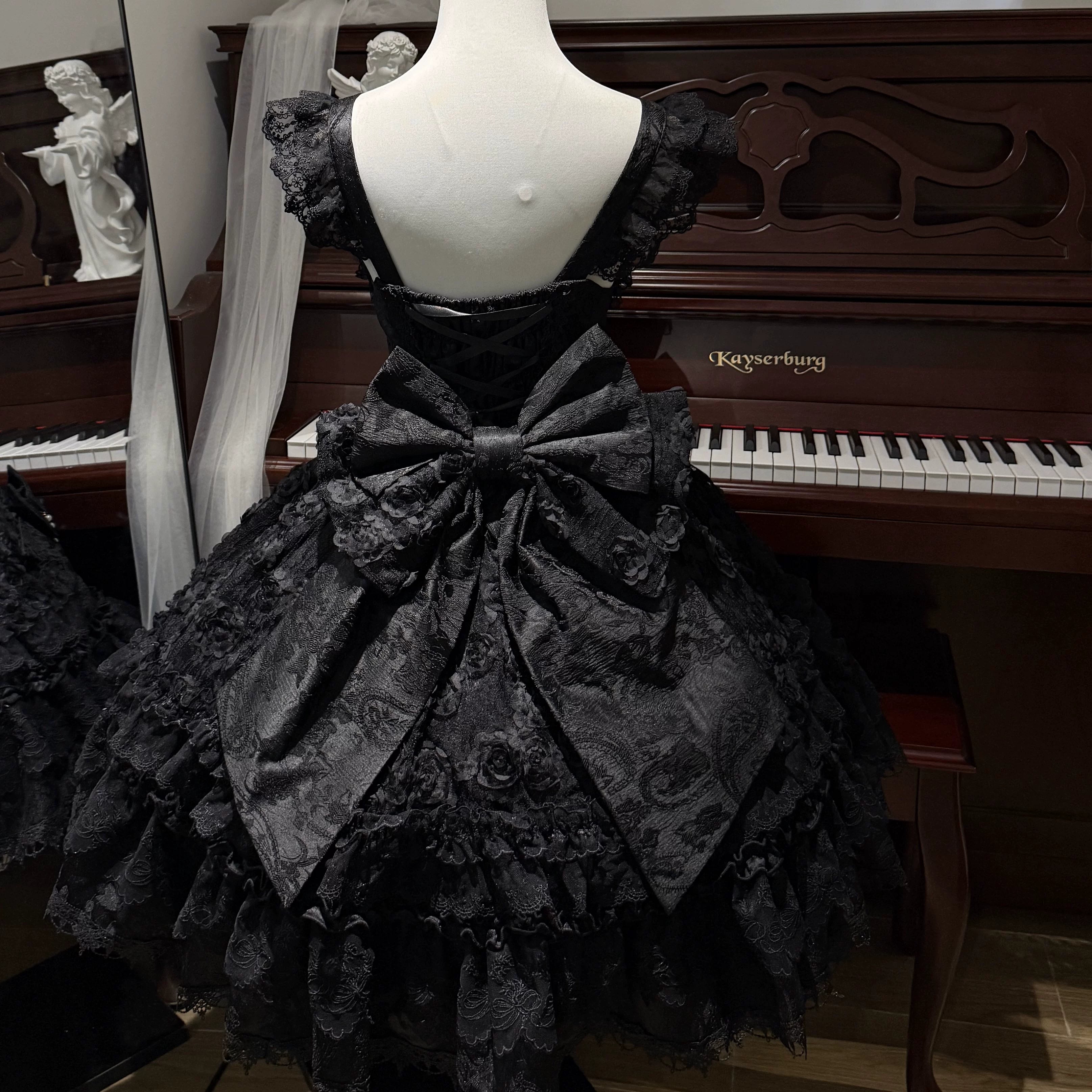 Sugar Girl - Rose Princess - Halloween Gothic Lolita JSK, Sheer Rose Dress Black JSK + Trailing + BNT S
