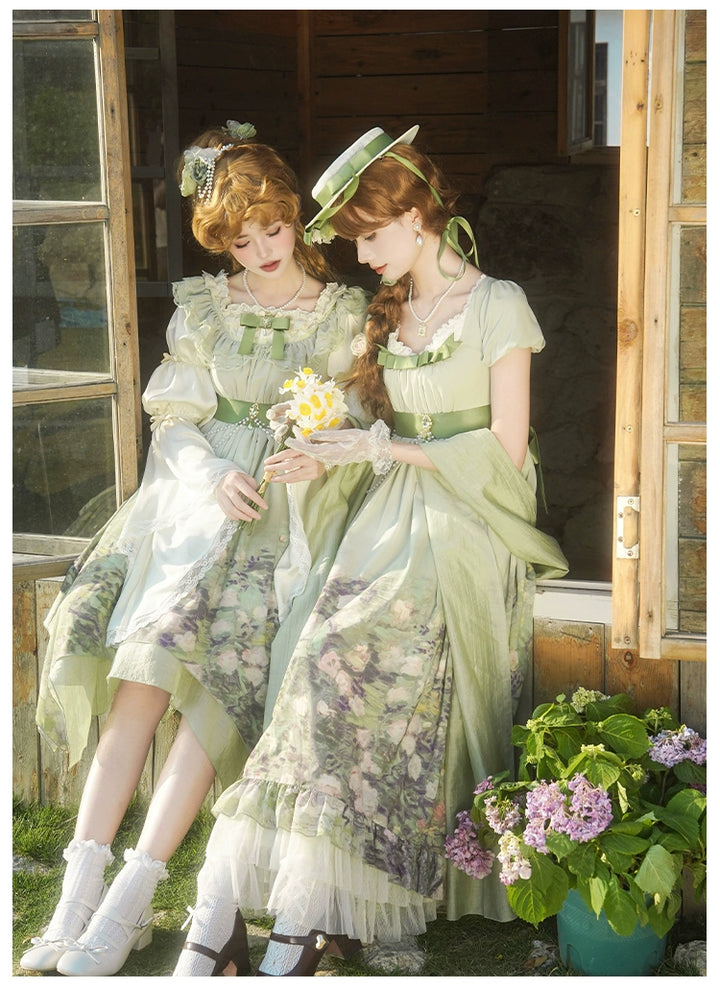 With PUJI~Blooming Rose~Chiffon Classic Lolita Dress Set Painting Styled OP & JSK