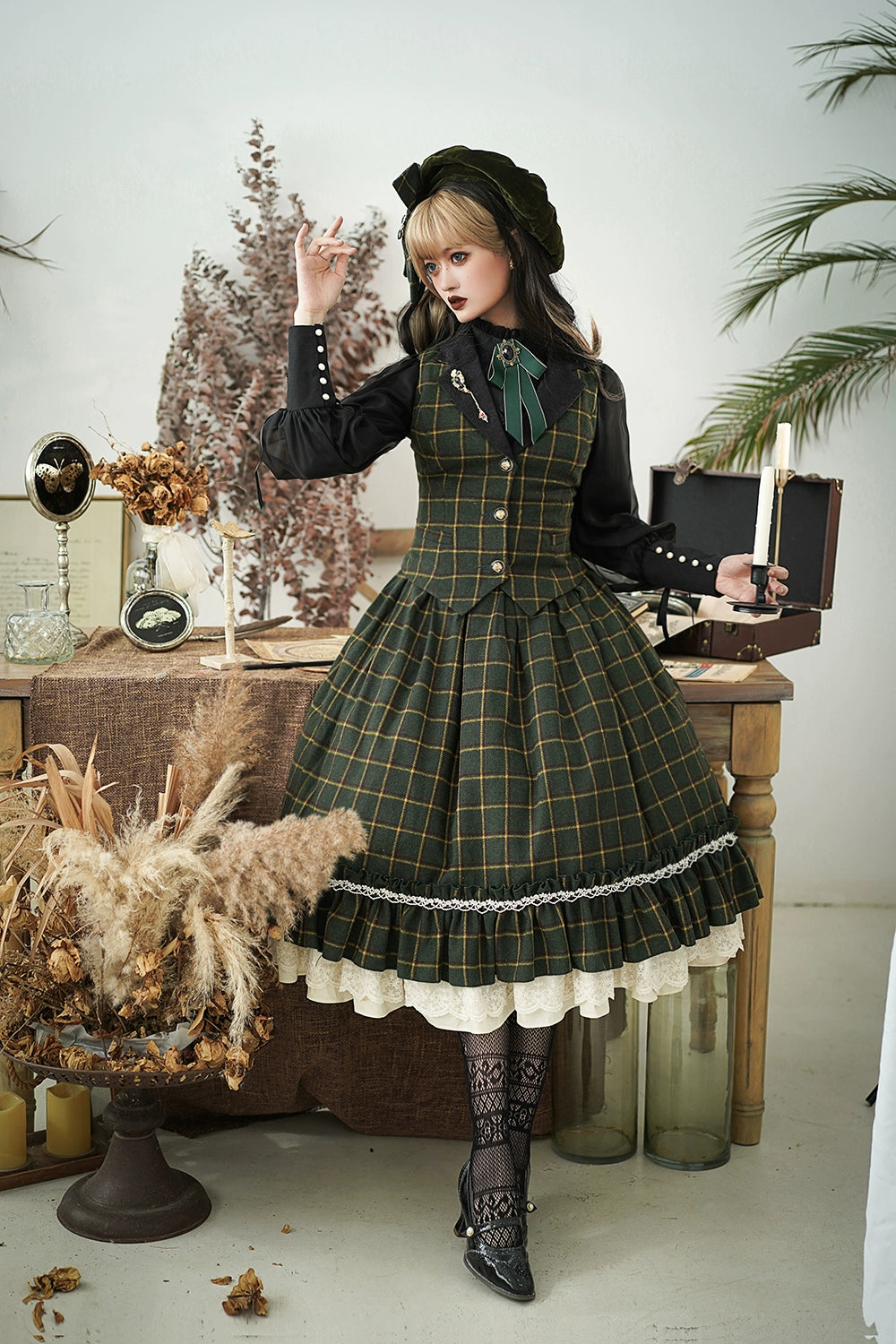 (BFM)Miss Point~Rose~Elegant Lolita Fishbone Grid Skirt Customized XS dark green grid 