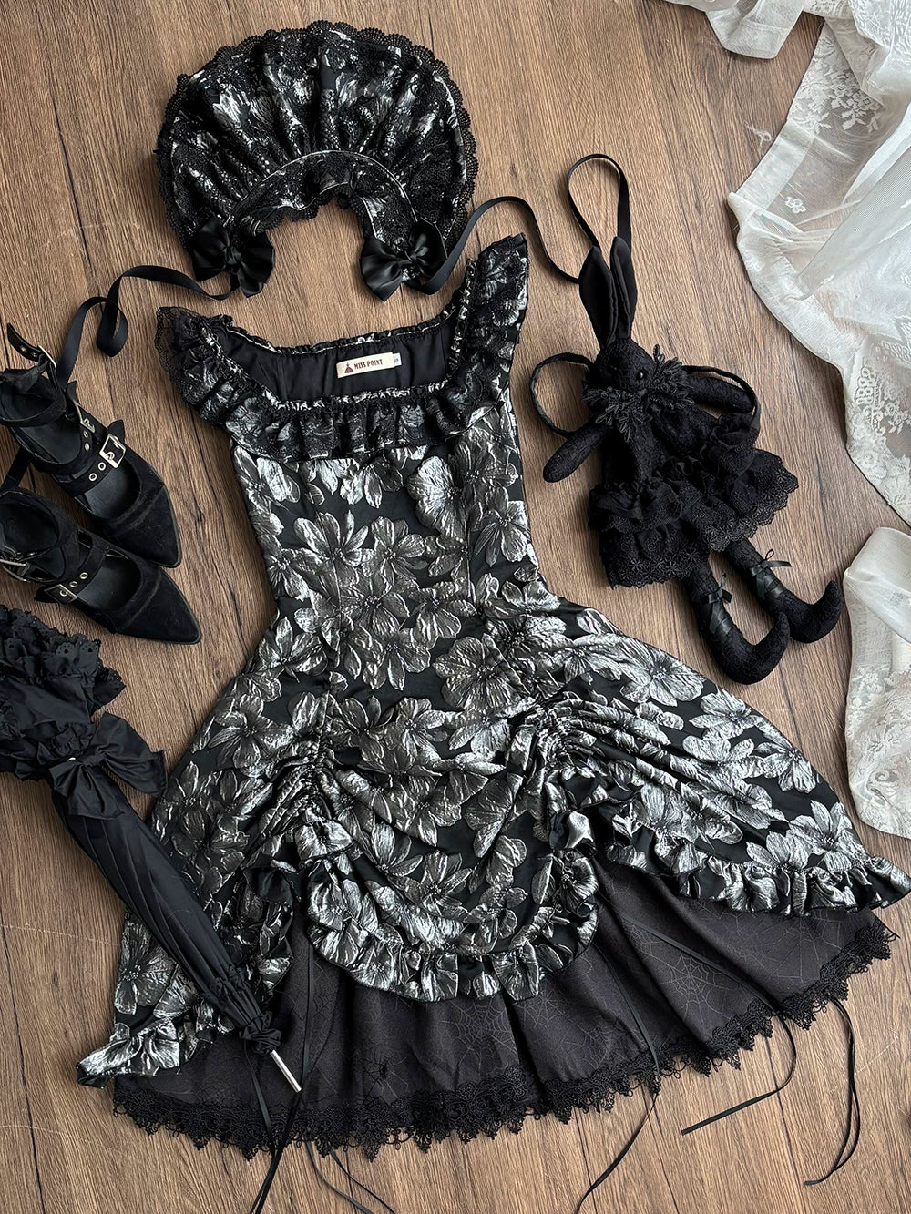 Midnight Lily - Gothic Lolita Lily Jacquard JSK Dress, Drawstring Lift-up Hem (2XL L M S XL XS) 45765:861799
