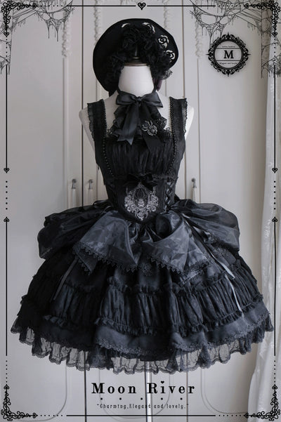 (BFM)Moon River~Gothic Lolita Dress in Red and Black Color S black JSK 2 version- lace hem-long version 