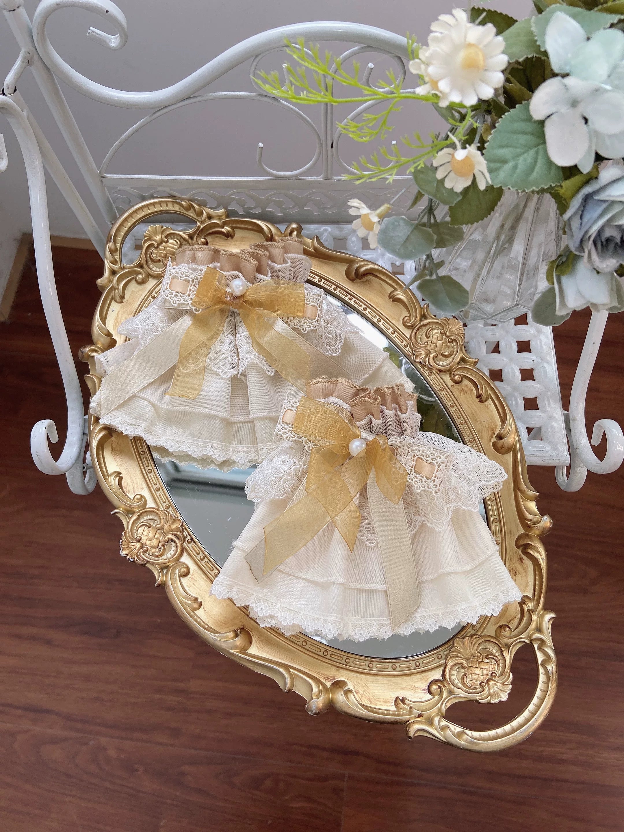 Yellow Blossom & Rose - Sweet Lolita Floral Embroidery JSK, Drawstring Lift-up Hem Yellow - A Pair of Cuffs Only S