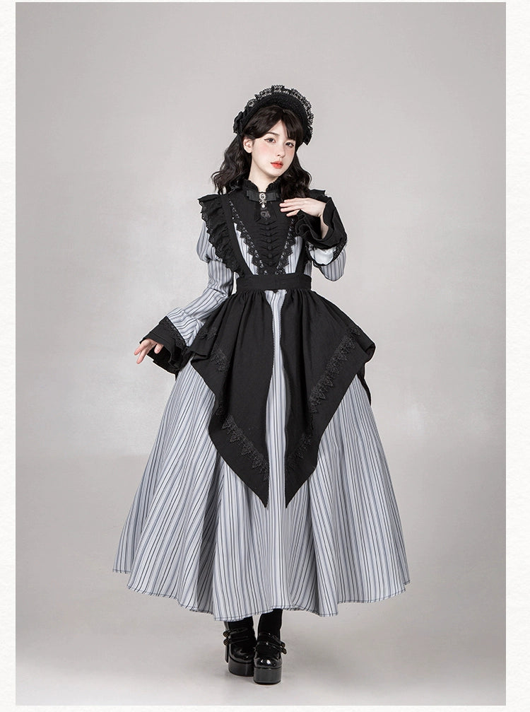 With PUJI~Nocturne SP~Striped Gothic Lolita OP Twin Lolita Dress with Apron