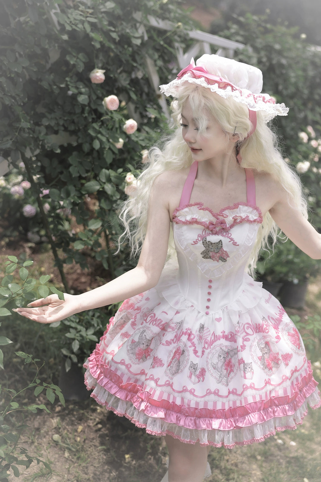 Vcastle~Love God Kitty~Sweet Lolita Dress Short Sleeve OP JSK Bonnet S - White JSK  
