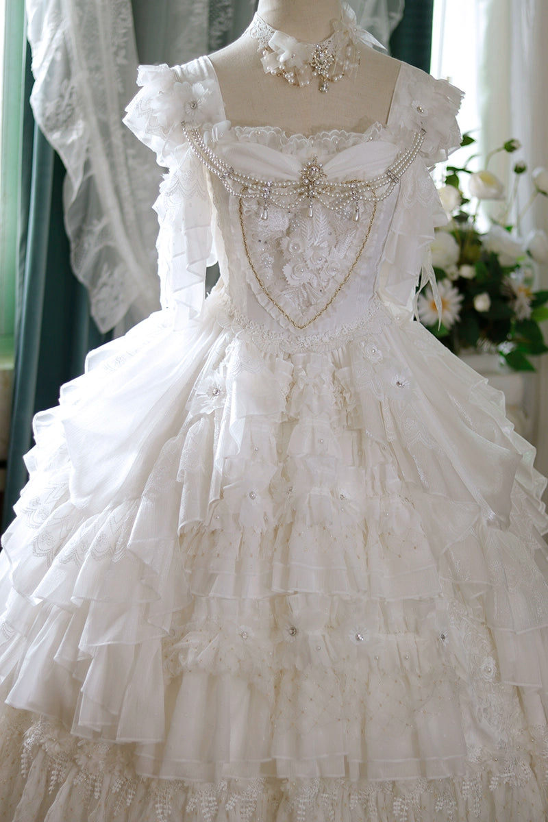 One Night~Dolores~Wedding White Lolita Dress Princess Bridal OP OP dress+ gorgeous trailing+back bow S