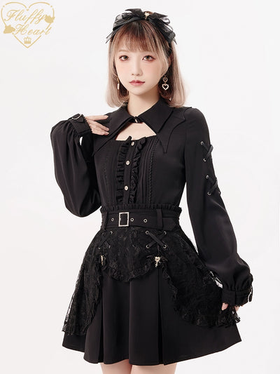 (BFM)Fluffy Heart~Vampire~Jirai Kei Rhinestone Belt Black Lace Double Layers Skirt   