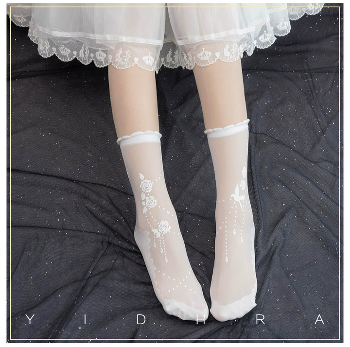 Yidhra~Nightingale and Rose~Gothic Lolita Socks Rose Lace Socks One size fits all White - Normal version 