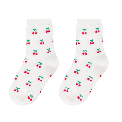 WAGUIR~Japanese Cute Cherry Cotton Printed Lolita Socks free size white short socks 