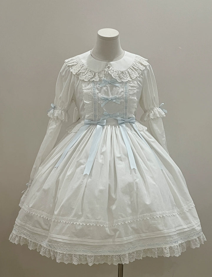 (BFM)Little Bear~Laura's Doll~Vintage Lolita Dress Cotton OP JSK Splicing Sleeves White and blue OP S 