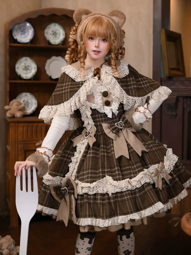 Choco Chestnut - Plaid Kawaii Lolita JSK Dress, Peter Pan Collar Cape 44501:810596