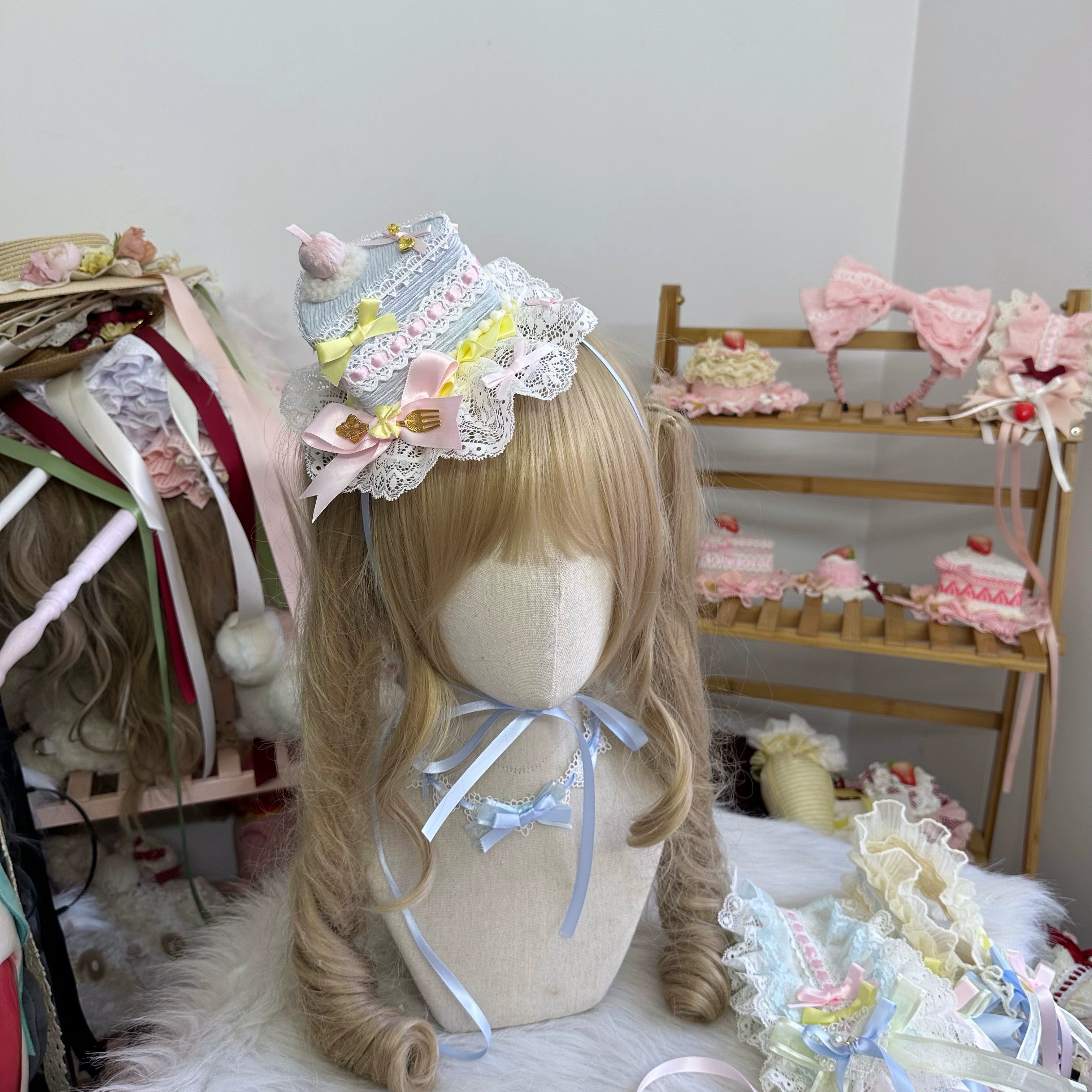 Chestnut Lolita - Sweet Lolita Headdress, Bow and Lace Decoration Triangle Cake Hat Only
