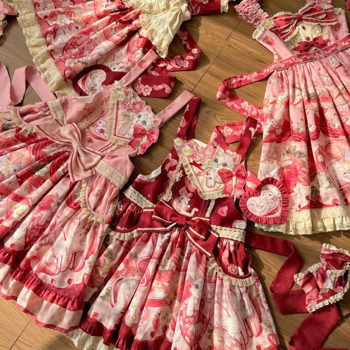 Mewroco~Strawberry Cat~Sweet Lolita Dress Suit JSK and Salopette with Cat Prints 42105:726533