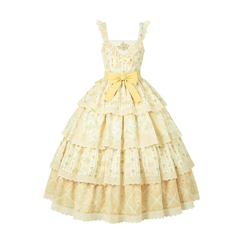 With PUJI - Letter and Poetry Sunflower Matters - Country Lolita JSK Embroidered Printed Lolita Dress S Embroidered Print JSK with Belt and Bow - pre order