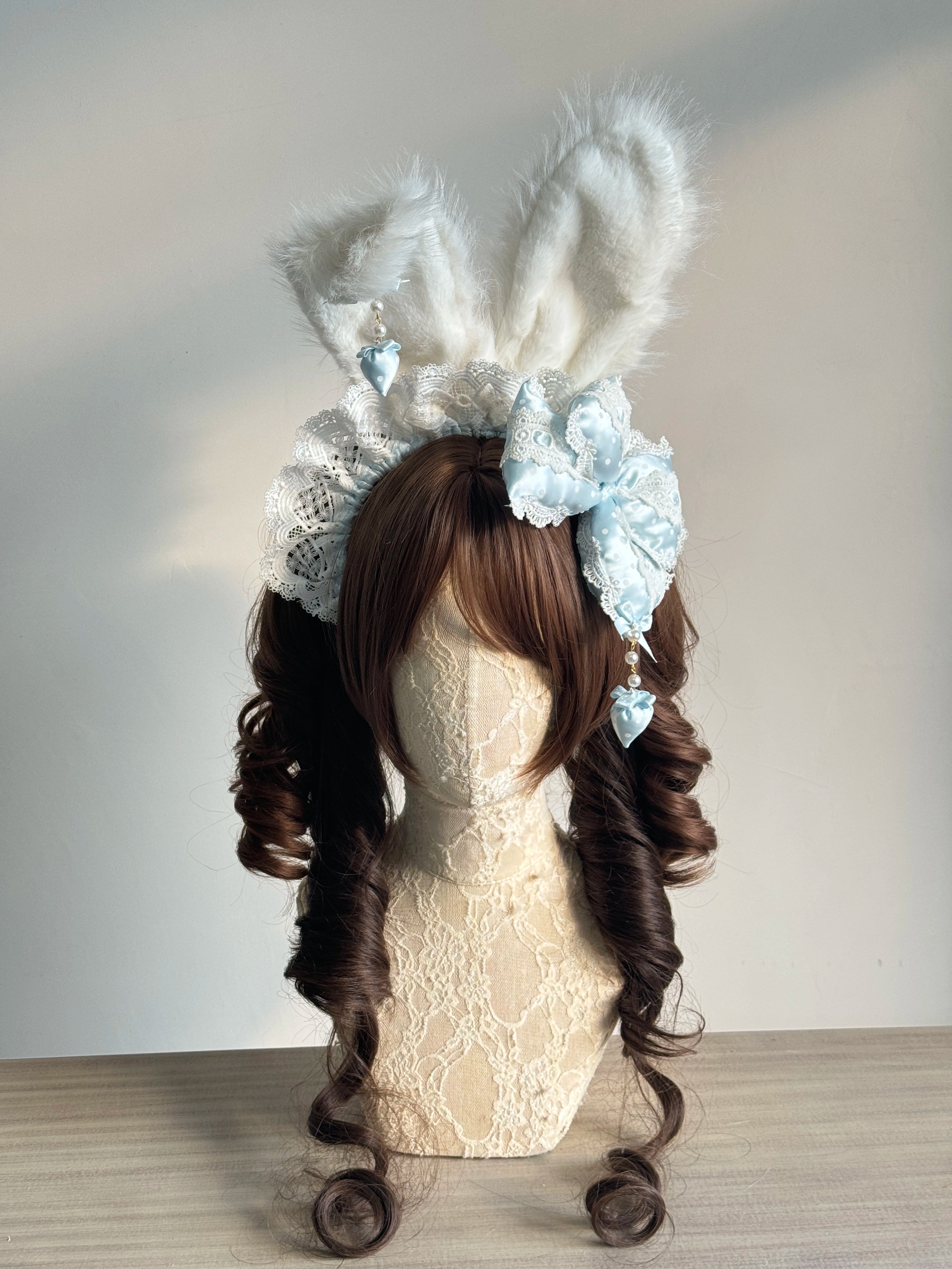 MAID - Sweet Lolita Headdress, Polka Dot Bow, Bunny Ear Blue Bow + White Bunny Ears