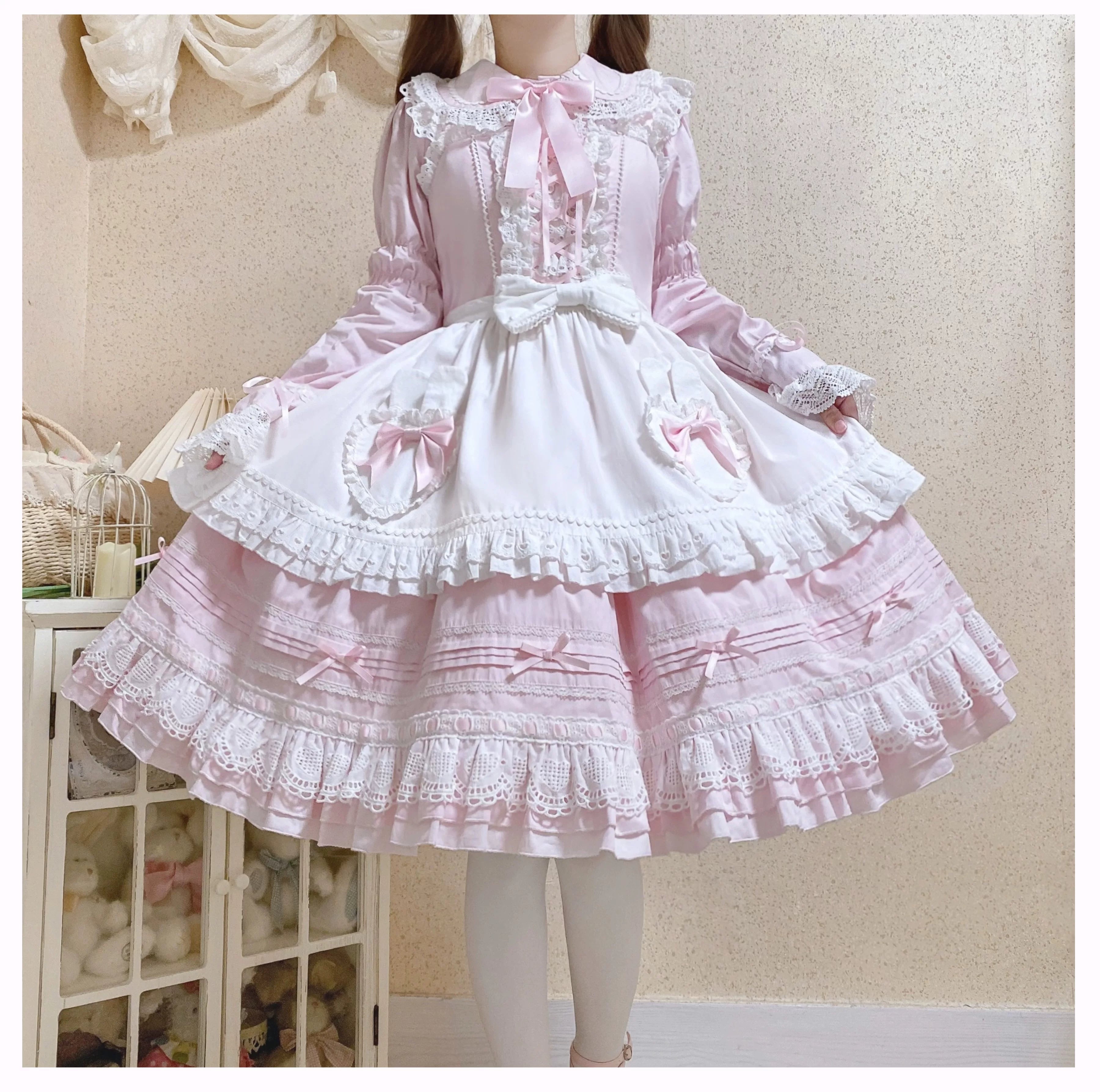 Little Bunny Bakery - Old School Lolita Cotton JSK Dress, Bunny-ear Heart Apron