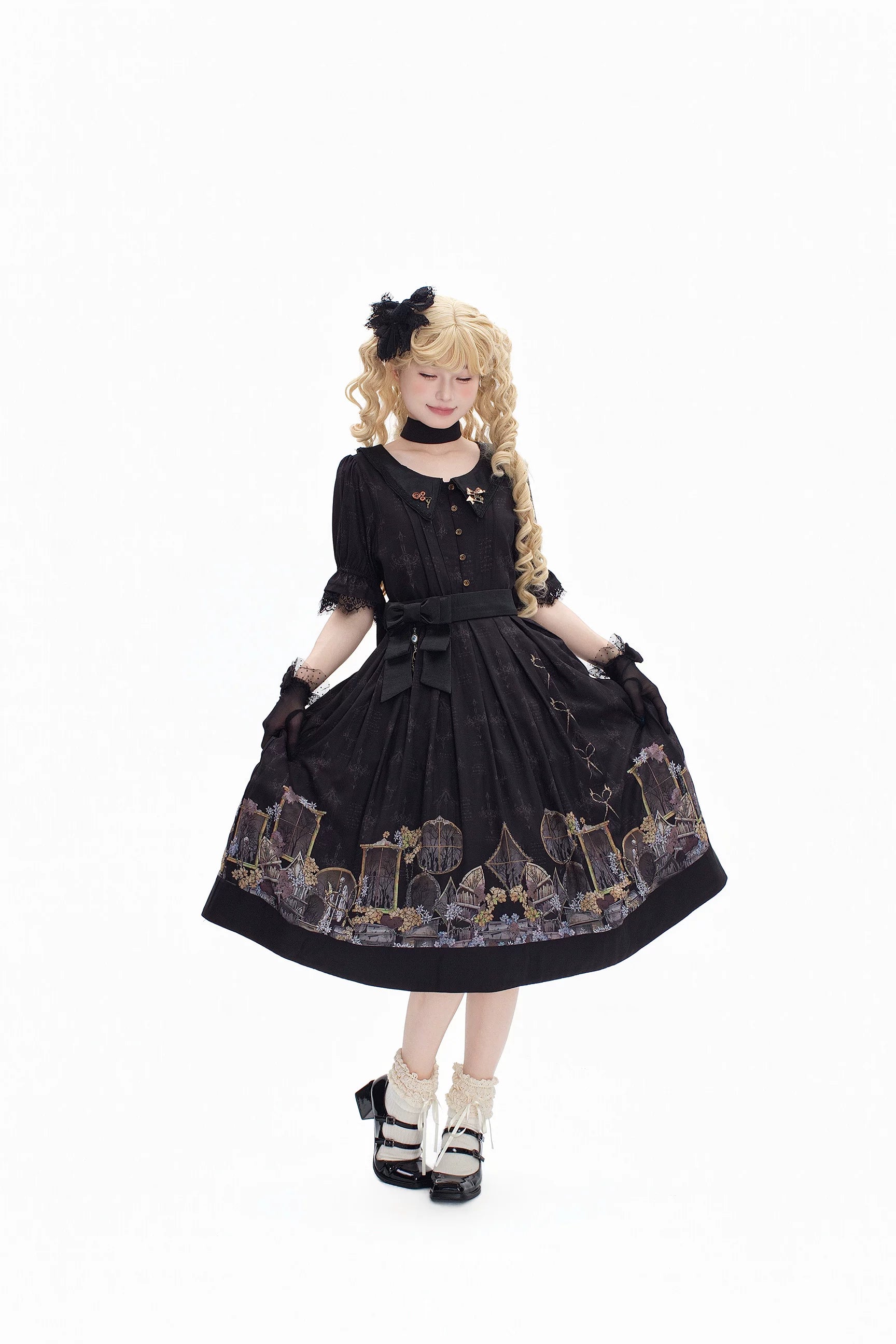Window of Shadows - Plus Size Gothic Lolita OP & JSK, Window and Floral Print 45889:866719