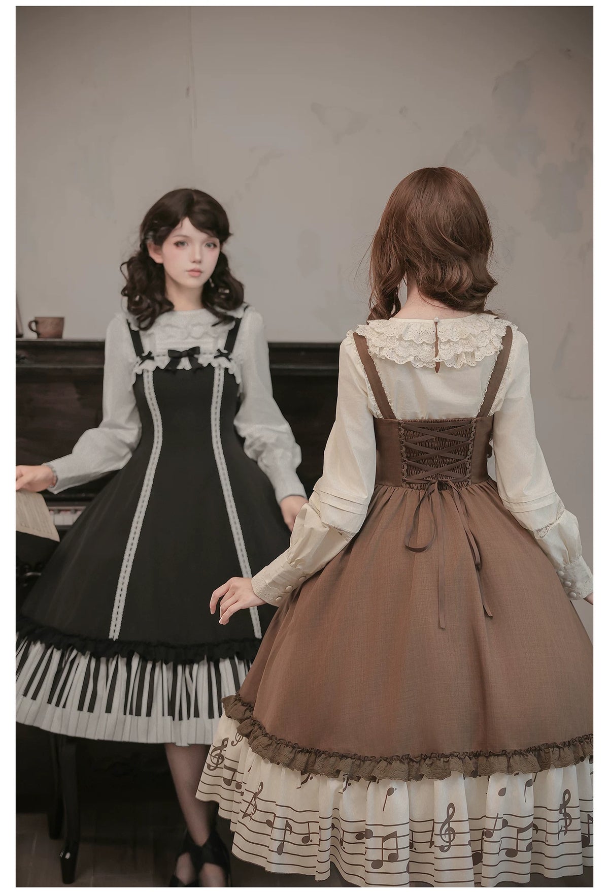 Solo Moment - Classic Lolita JSK & Blouse Dress Set, Piano Keys Print 45940:869017