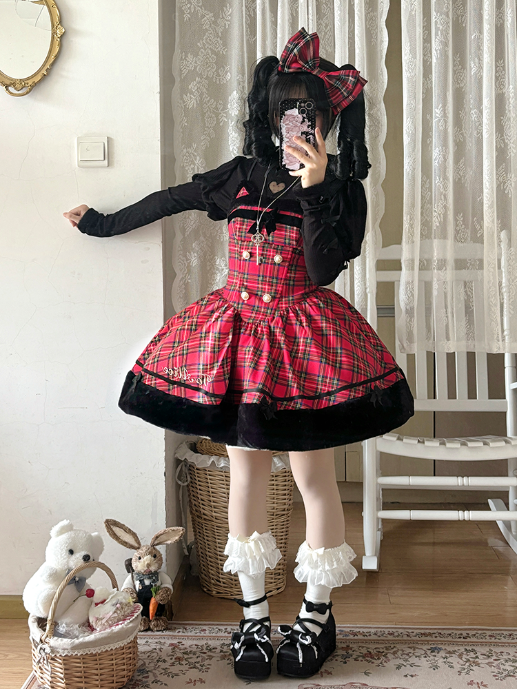 To Alice~Black Cat and Miss~Christmas Sweet Lolita Plaid Dress with Hooded Cape