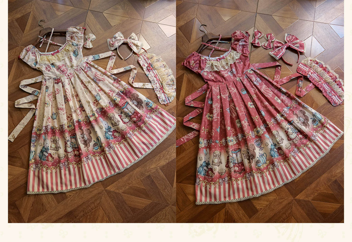 Popcorn Bear - Sweet Lolita OP Dress Set, Bear Tea Party Print 45994:871410