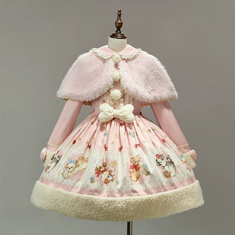 Summer Fairy~Ribbon Puppy~Sweet Lolita Suit Off-Shoulder Sweater Cute Cape OP XS Pink cape OP 