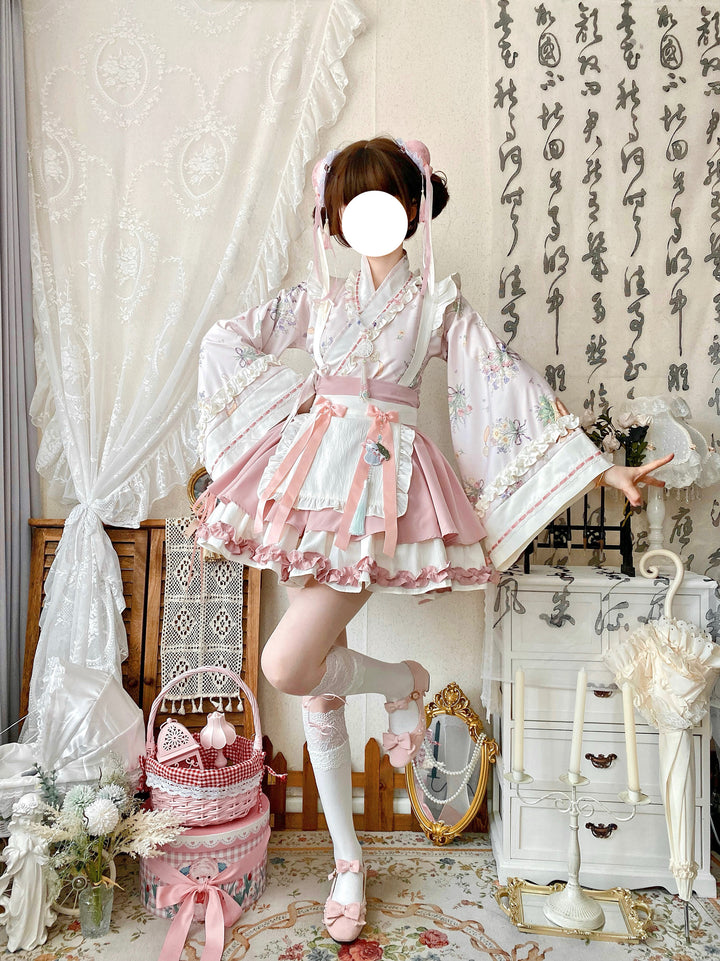 Qianmu~Little Herbalist~Han Lolita Skirt Outfit with Cross-collar Blouse and Apron