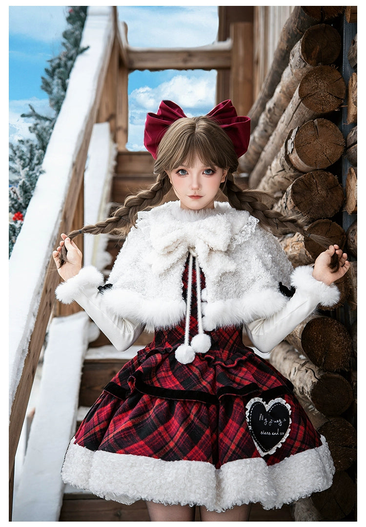 With PUJI - Snow Night Serenade - Fluffy Plaid Kawaii Lolita JSK, Reversible Cape 44279:802364