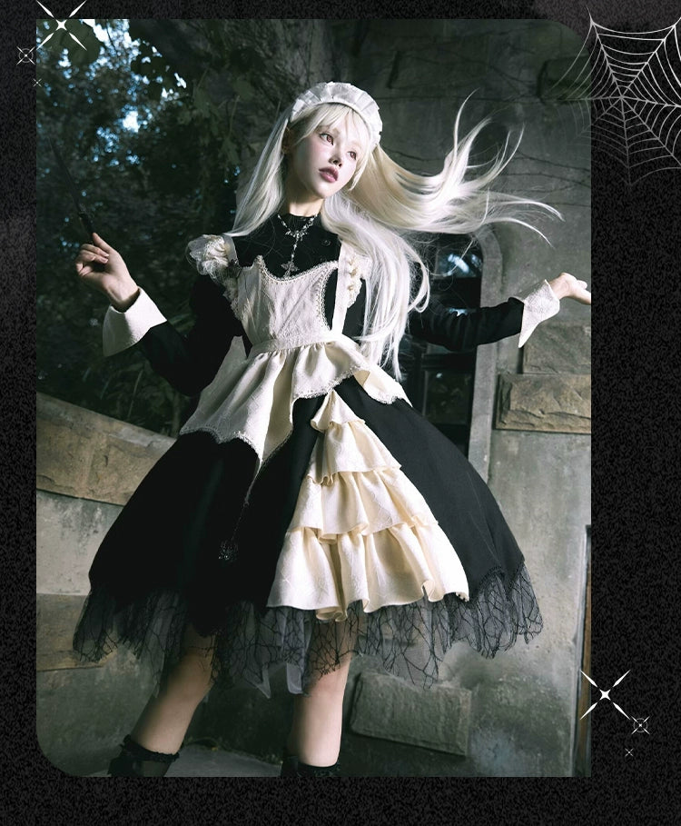 Sakurahime~Spider Dream~Gothic Lolita OP Dress Maid Lolita Built-in Fishbone Detachable Apron