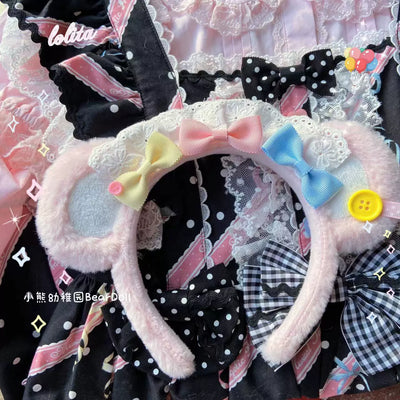 Bear Doll~Kawaii Lolita KC Sweet Butterfly Bow Lolita Headband Pink Yellow Blue Bear Ear KC  