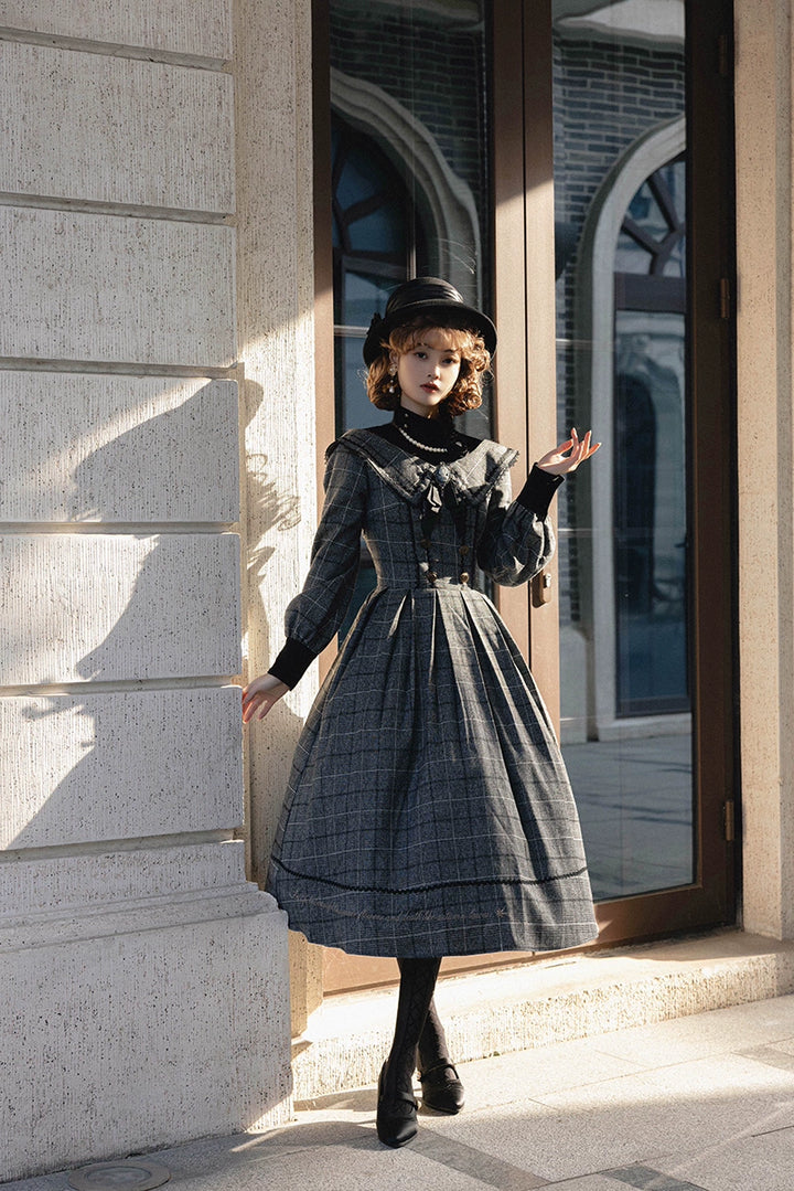 ZeeYe~Maple Dan Bai Lu~Classic Lolita Plaid Dress Long Sleeved OP