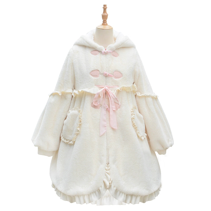 ZhiJinYuan~Sweet Lolita Coat Thickened Fluffy Bunny Ears Long Overcoat S Long-eared rabbit coat 