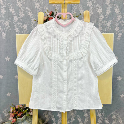 DMFS Lolita~Sweet Lolita Blouse Cotton Summer Short Sleeve Shirt S Milk white 