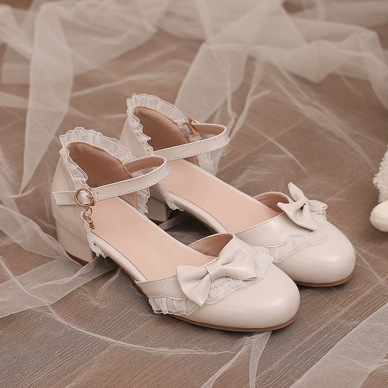 Yana - Sweet Lolita Sandal with Low Chunky Heel and Bow Decoration Beige 33